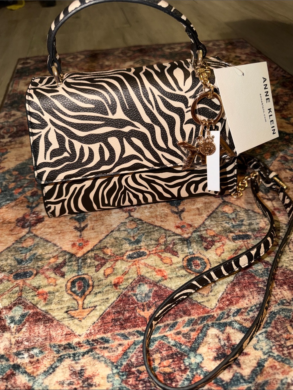 Anne Klein Black and Cream Zebra-Print Top-Handle Satchel with Charm